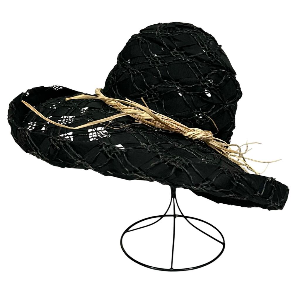 Vintage Carol Carr Wide Brim Hat Woven Ribbon & Straw PALM BEACH Black